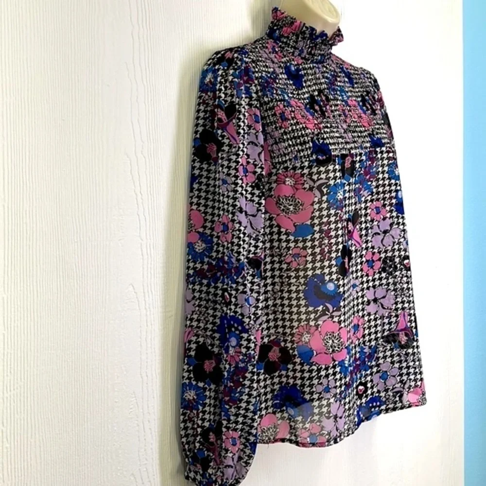 Guess - Colorful Floral Printed Mock Neck Long Sleeve Blouse Size Small